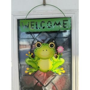 Metal Welcome Frog Figurine Sign Soring Summer Wall Art Door Hanger Decor